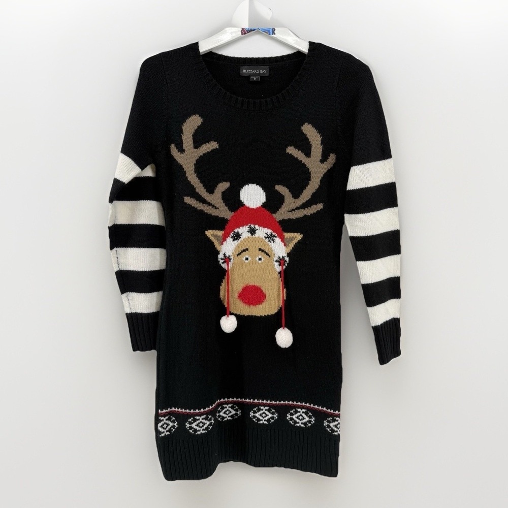 Blizzard Bay Womens Reindeer 3D Pom Pom Ugly Christmas Sweater Dress Black S